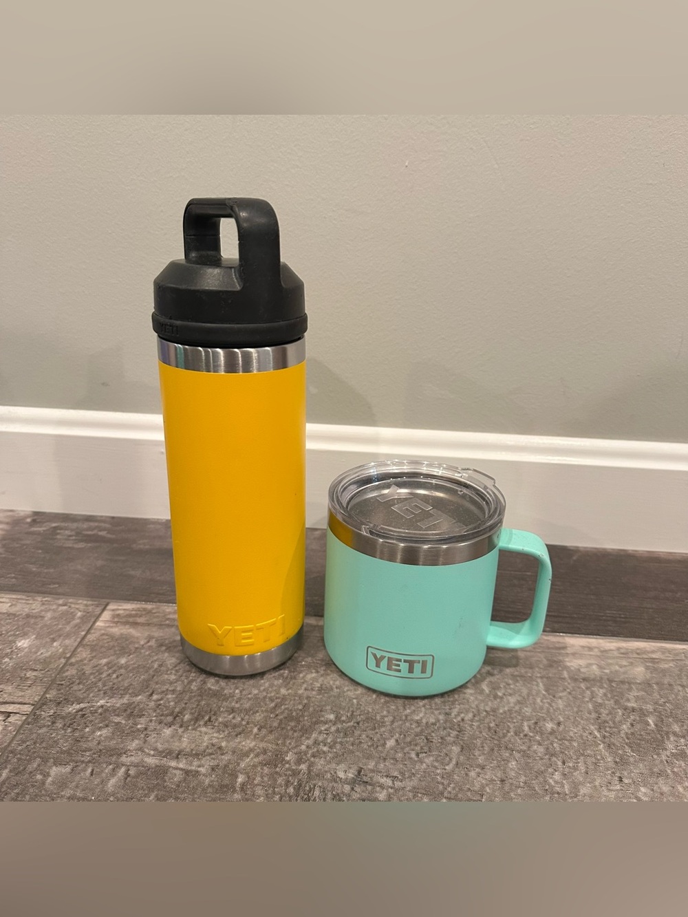Lot of 2 Yeti’s: Mustard 18 Oz Rambler Bottle & 14 Oz Aqua Mug with lid